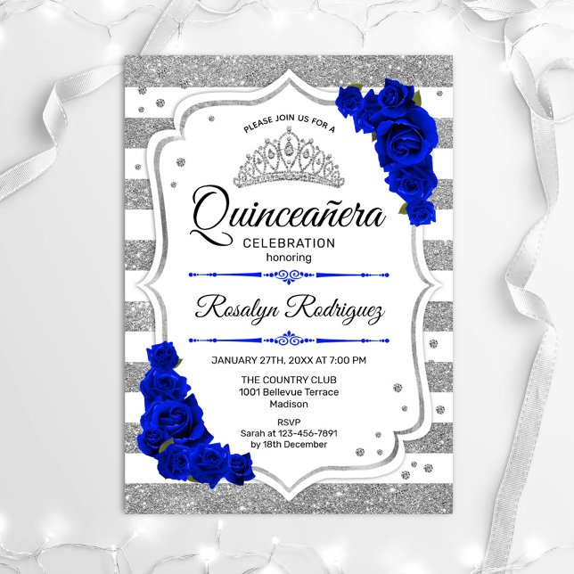Quinceanera - Royalet Vita Silver Rand Blue Inbjudningar (Skapare uppladdad)