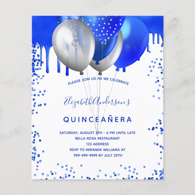 Quinceanera-royalets blåvita budgetinbjudan flygblad (Framsidan)