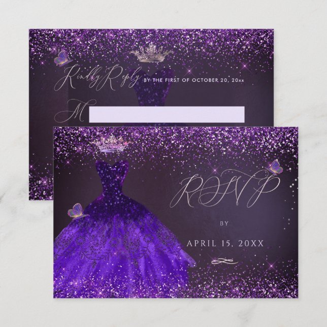 Quinceanera RSVP Fjäril Ultra Violett Klänning Inbjudningar (Fram/baksida)