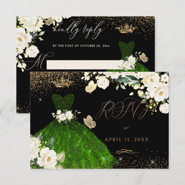 Quinceanera RSVP Smaragdgrönt glitterklänning  Inbjudningar (Fram/baksida)
