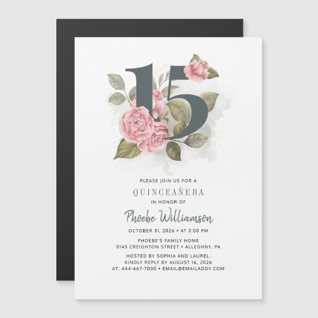 Quinceanera Rustic Blommigt 15:e födelsedagen Magnetisk Inbjudningskort (Fram/baksida)