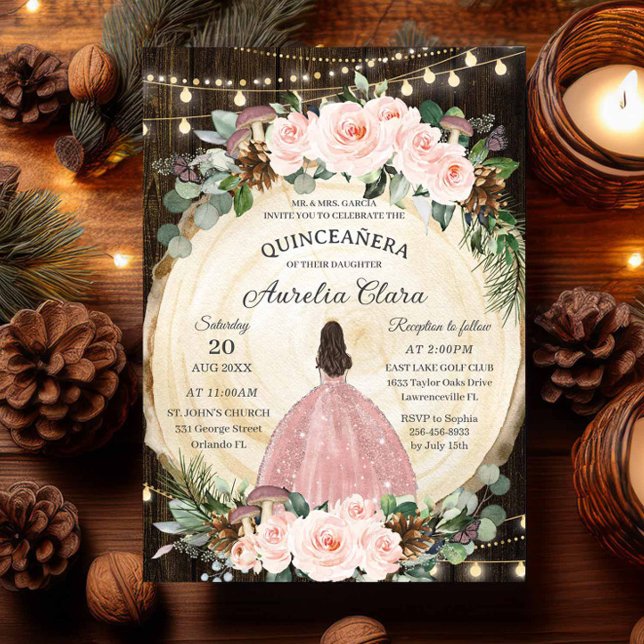 Quinceanera Rustic  Blommigt Enchanted Forest Inbjudningar (quinceanera enchanted forest wood slice blush floral fairy lights pines girl rose gold dress invites)