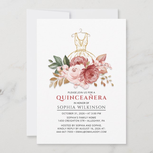 Quinceanera Rustic Blommigt Faux Guld Dress 15:e Inbjudningar (Framsida)