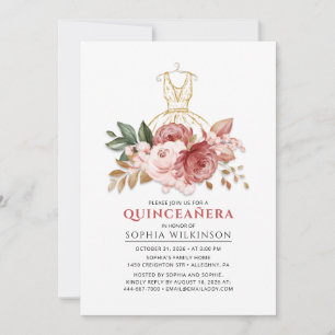 Quinceanera Rustic Blommigt Faux Guld Dress 15:e Inbjudningar