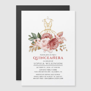 Quinceanera Rustic Blommigt Faux Guld Dress 15:e Magnetisk Inbjudningskort