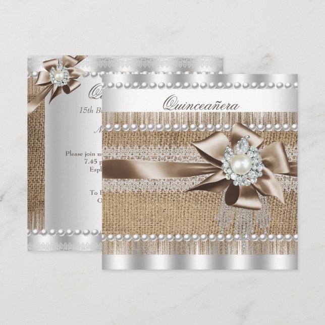 Quinceanera Rustic Burlap Pearl Snöre Pearl Inbjudningar (Fram/baksida)