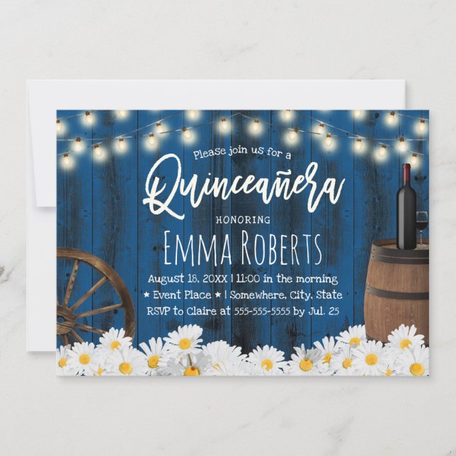 Quinceanera Rustic Daisy Flowers Barrel Navy Blue Inbjudningar (Framsida)