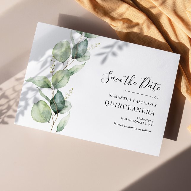 Quinceanera Rustic Eucalyptus 15:e födelsedagen Spara Datumet (Eucalyptus Wedding Save the Date Announcement)