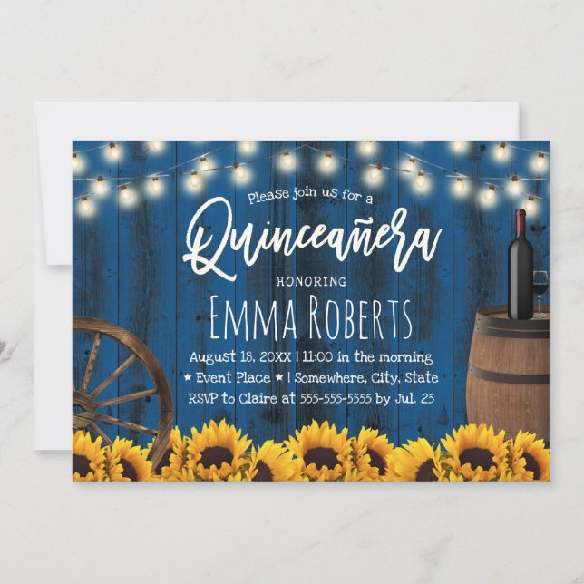 Quinceanera Rustic Sunwers Barrel Navy Blue Inbjudningar (Framsida)
