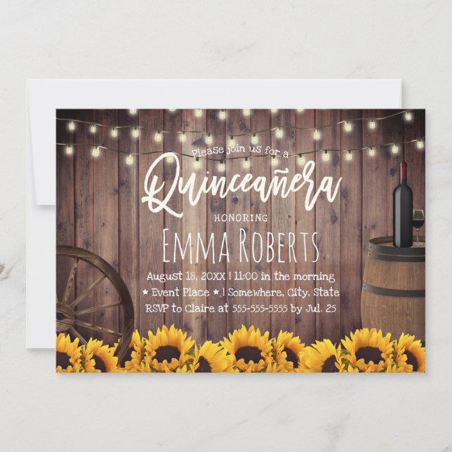 Quinceanera Rustic Sunwers Wood Barrel Birthday Inbjudningar (Framsida)