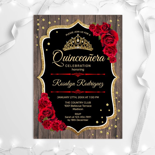 Quinceanera - Rustic Wood Guld Red Inbjudningar (Skapare uppladdad)