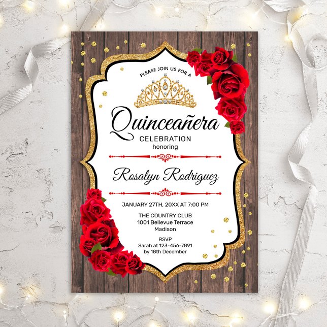 Quinceanera - Rustic Wood Röd ros Inbjudningar (Skapare uppladdad)