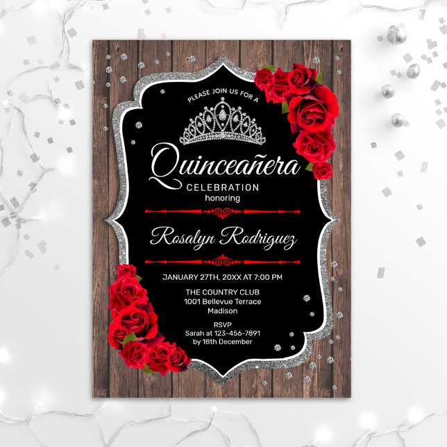Quinceanera - Rustic Wood Silver Red Inbjudningar (Skapare uppladdad)