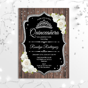 Quinceanera - Rustic Wood Silver White Inbjudningar