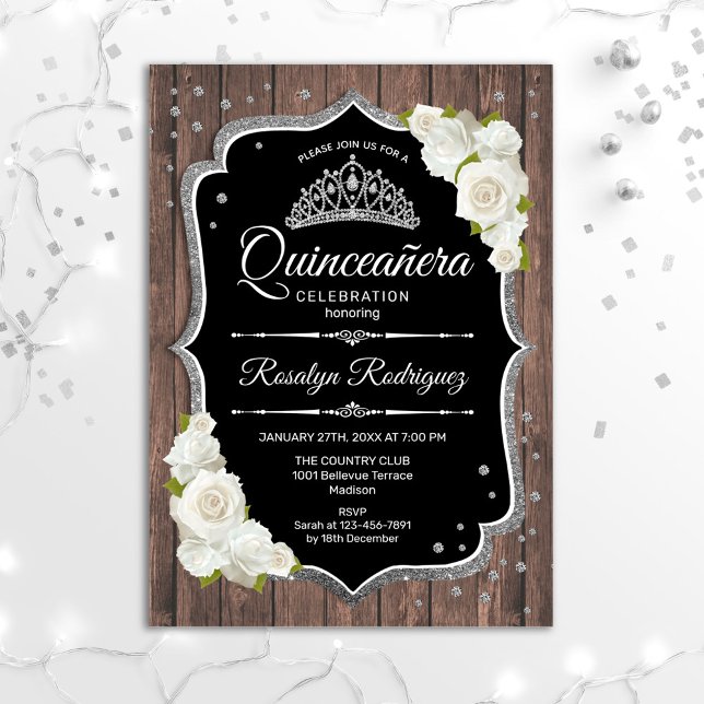Quinceanera - Rustic Wood Silver White Inbjudningar (Skapare uppladdad)