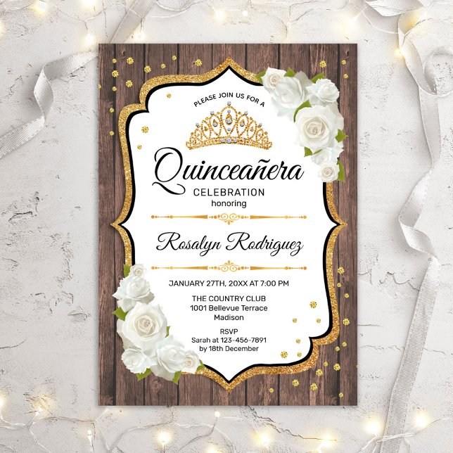 Quinceanera - Rustic Wood Vit ros Inbjudningar (Skapare uppladdad)