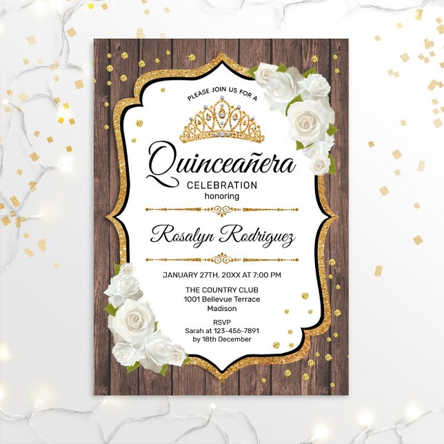 Quinceanera - Rustic Wood White Guld Inbjudningar (Skapare uppladdad)