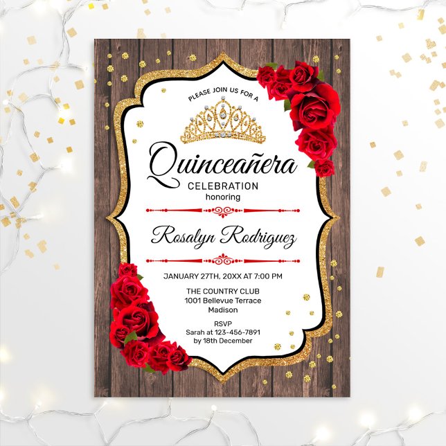 Quinceanera - Rustic Wood White Red Guld Inbjudningar (Skapare uppladdad)