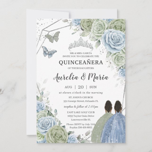 Quinceañera Sage Green Blue Floral Twins Silver Inbjudningar (Framsida)