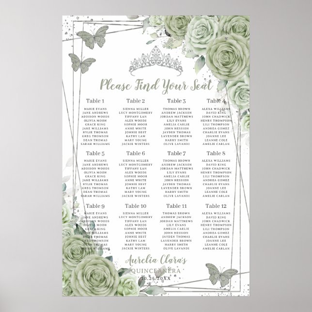 Quinceañera Sage Green Floral Silver Seating Chart Poster (Framsidan)