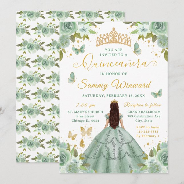 Quinceañera Sage Green Princess Brunette Girl Inbjudningar (Fram/baksida)
