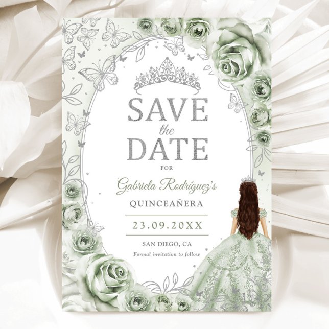 Quinceanera Sage Grön Silver Blommig Spara Datumet (Skapare uppladdad)