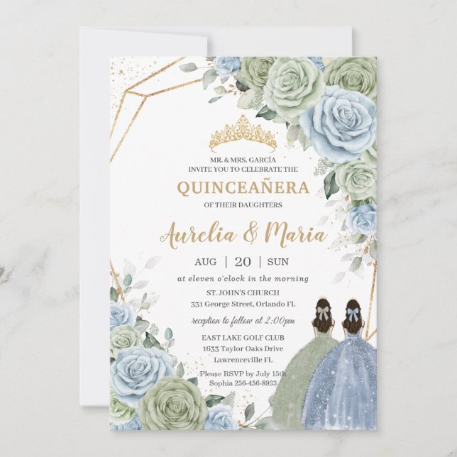 Quinceañera Sage Grönt Baby blue Blommigt Twilling Inbjudningar (Framsida)
