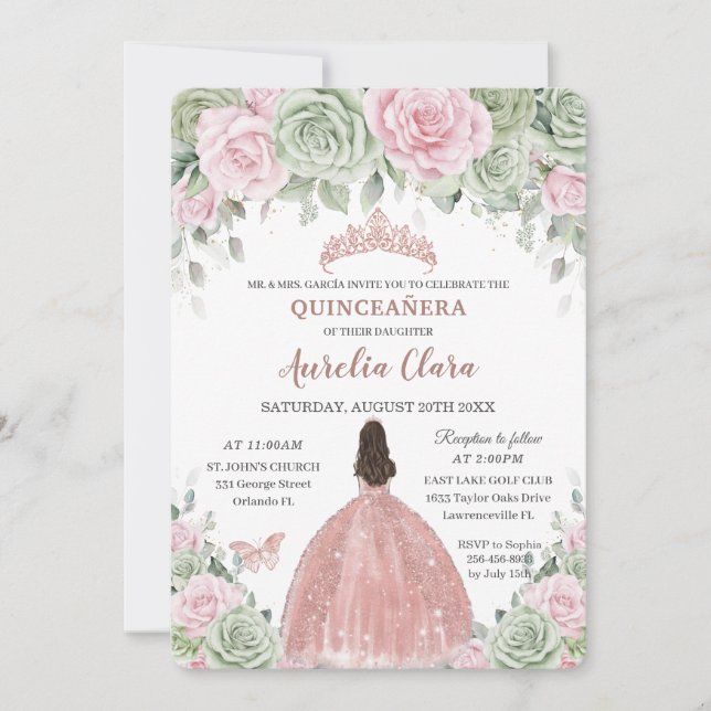 Quinceañera Sage Grönt Baby Rosa Blommigt Ro Guld Inbjudningar (Framsida)