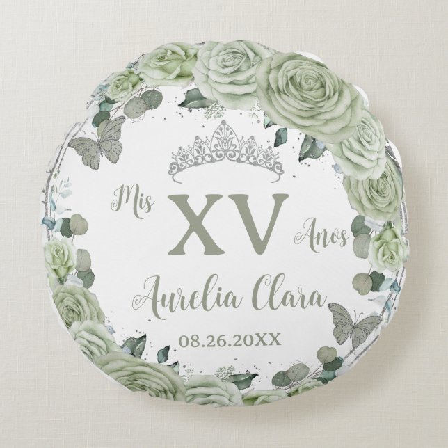 Quinceañera Sage Grönt Blommigt Butterflies Dress Rund Kudde (Framsidan)