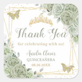 Quinceañera Sage Grönt Blommigt Guld Butterflies Fyrkantigt Klistermärke