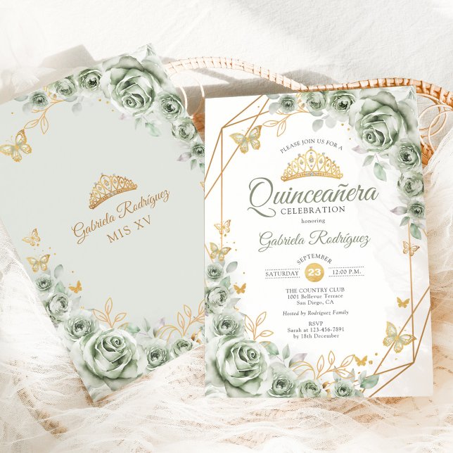 Quinceanera Sage Grönt Blommigt Guld Inbjudningar (Skapare uppladdad)