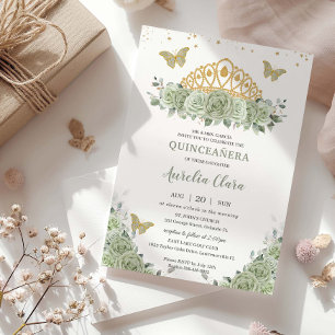 Quinceanera Sage Grönt Blommigt Guld Krona Butterf Inbjudningar