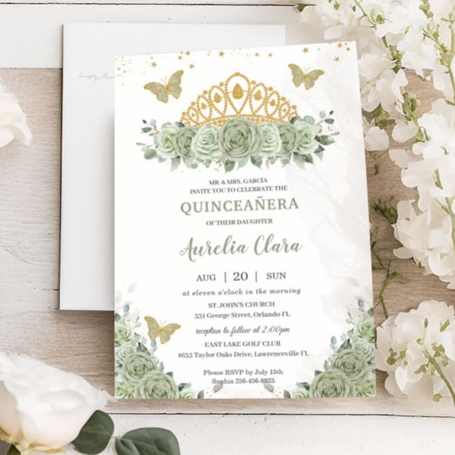 Quinceañera Sage Grönt Blommigt Guld Krona Butterf Inbjudningar (Skapare uppladdad)