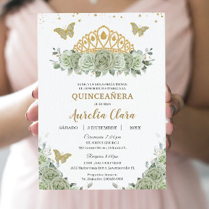 Quinceañera Sage Grönt Blommigt Guld Krona Español Inbjudningar