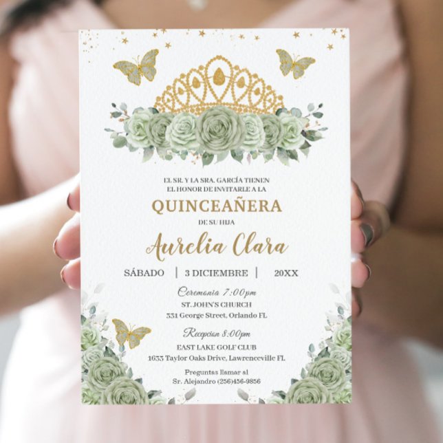 Quinceañera Sage Grönt Blommigt Guld Krona Español Inbjudningar (Skapare uppladdad)