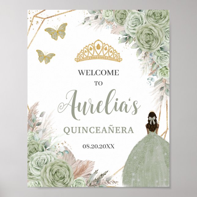 Quinceañera Sage Grönt Blommigt Pampas Grass Välko Poster (Framsidan)