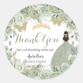 Quinceañera Sage Grönt Blommigt Princess Butterfli Runt Klistermärke
