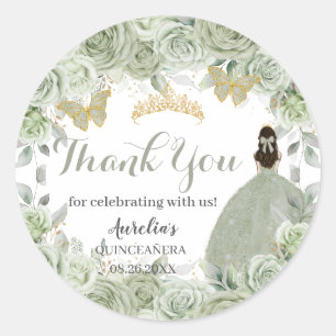 Quinceañera Sage Grönt Blommigt Princess Butterfli Runt Klistermärke