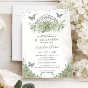 Quinceañera Sage Grönt Blommigt Ro Silver Krona Inbjudningar