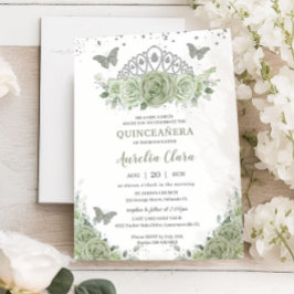 Quinceañera Sage Grönt Blommigt Ro Silver Krona Inbjudningar