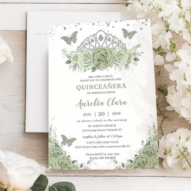 Quinceañera Sage Grönt Blommigt Ro Silver Krona Inbjudningar (Skapare uppladdad)