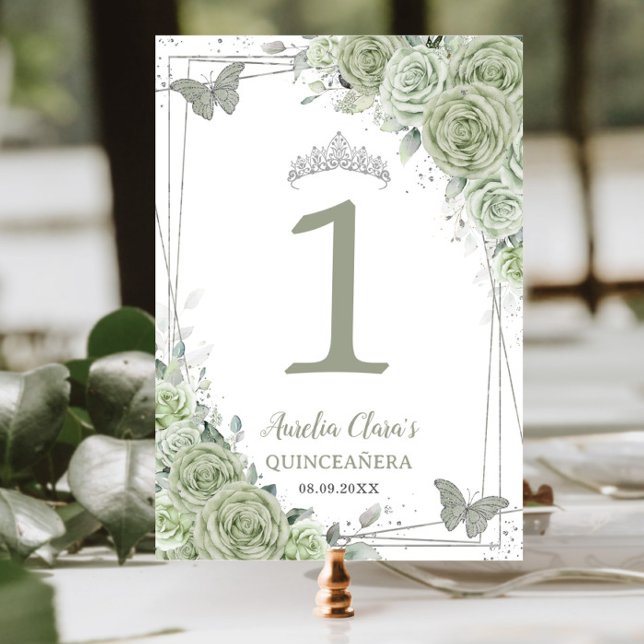 Quinceañera Sage Grönt Blommigt Silver Butterflies Bordsnummer (Skapare uppladdad)