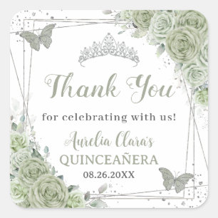 Quinceañera Sage Grönt Blommigt Silver Butterflies Fyrkantigt Klistermärke