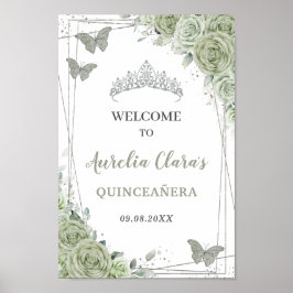 Quinceañera Sage Grönt Blommigt Silver Välkomsttec Poster