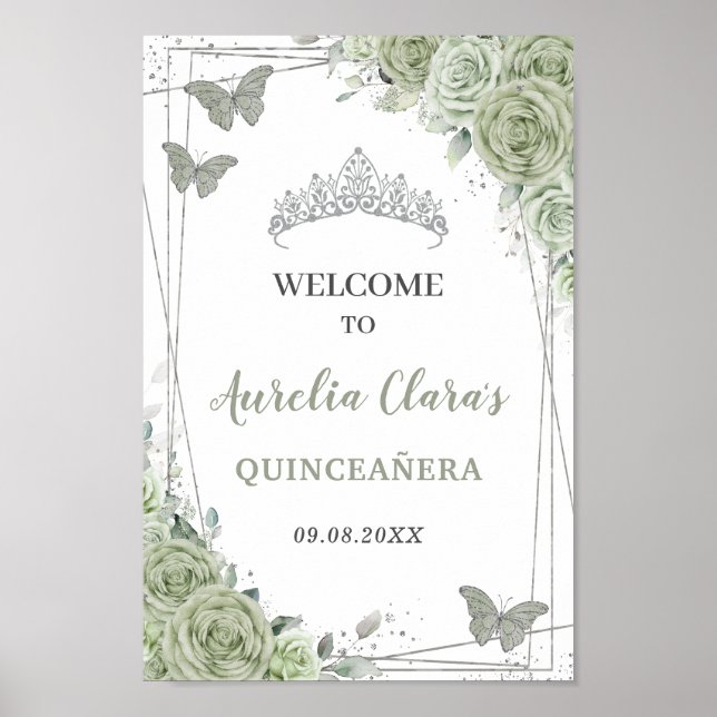 Quinceañera Sage Grönt Blommigt Silver Välkomsttec Poster (Framsidan)