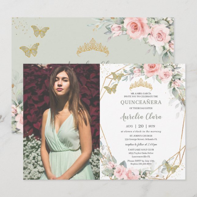 Quinceañera Sage Grönt Butterflies Rosa Blommigt Inbjudningar (Fram/baksida)