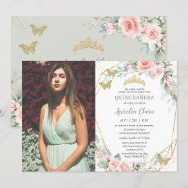 Quinceañera Sage Grönt Butterflies Rosa Blommigt Inbjudningar
