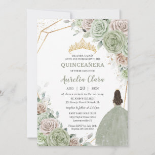 Quinceañera Sage Grönt Champagne Guld Blommigt Inbjudningar