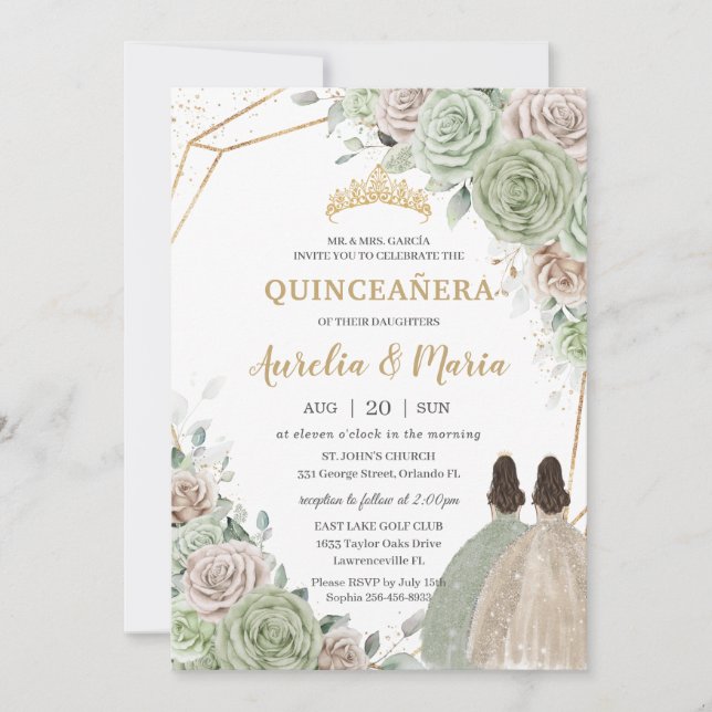 Quinceañera Sage Grönt Champagne Guld Blommigt Twi Inbjudningar (Framsida)
