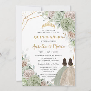 Quinceañera Sage Grönt Champagne Guld Blommigt Twi Inbjudningar